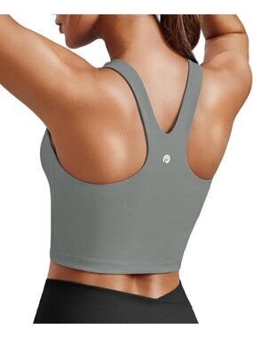 Women's Grey Sports Bra High Neck Racer Back Workout Longline Crop Tank Top